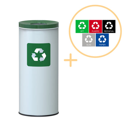 45L Eco Recycle Bin – White, Green Lid, Steel