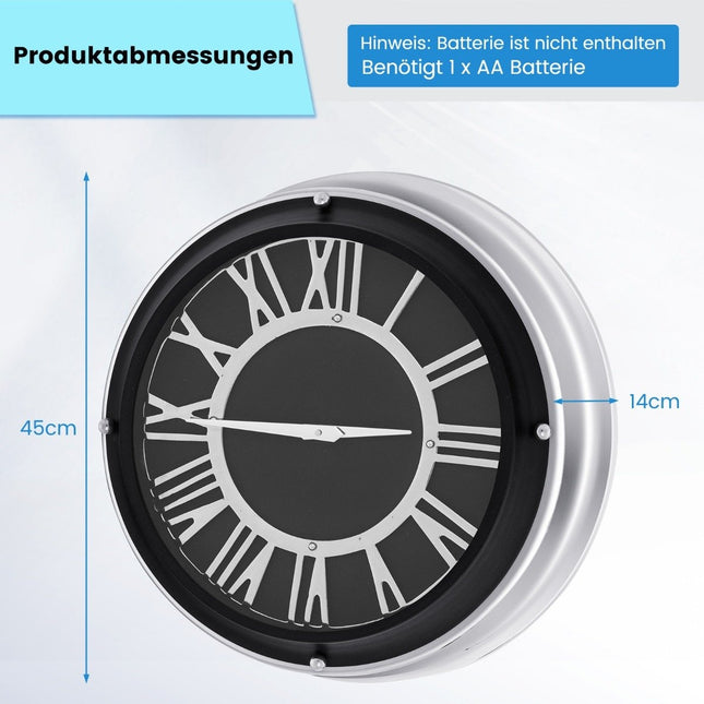 Ø 45 cm leise Wanduhr mit silbernem Rahmen &amp; römischem Zifferblatt ohne Tickgeräusche - Ø 45 cm