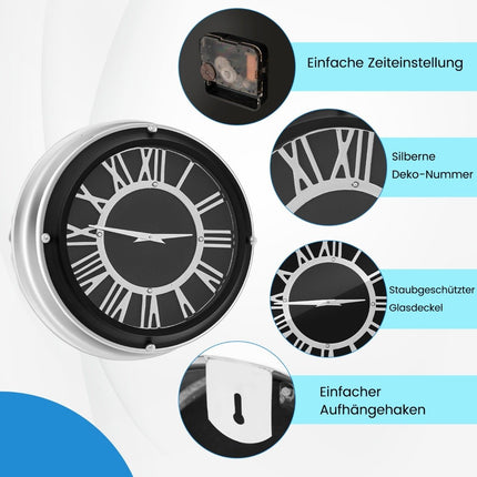 Ø 45 cm quiet wall clock with silver frame &amp; Roman dial without ticking noises - Ø 45 cm