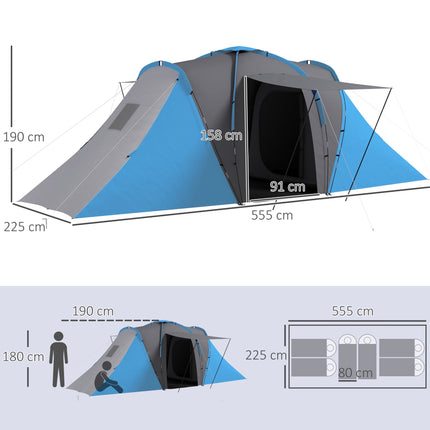 4-6 Person Tunnel Tent, 2 Bedrooms, Waterproof 2000mm