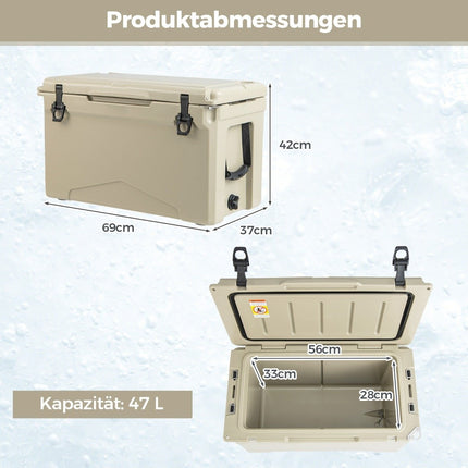 47L Insulated Box with Bottle Opener & Handle Portable Cool Box Heat Container for Camping Kahki