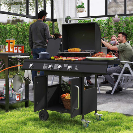 4-Burner Gas Grill with Side Burner, Storage, Black