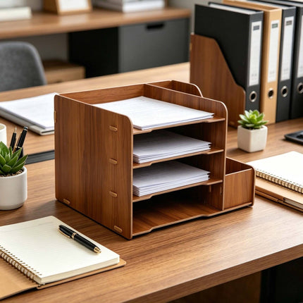 4-Compartment MDF Desk Organiser Tray, Dark Brown