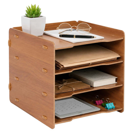 4-Compartment MDF File Tray, Dark Brown Wood-Effect