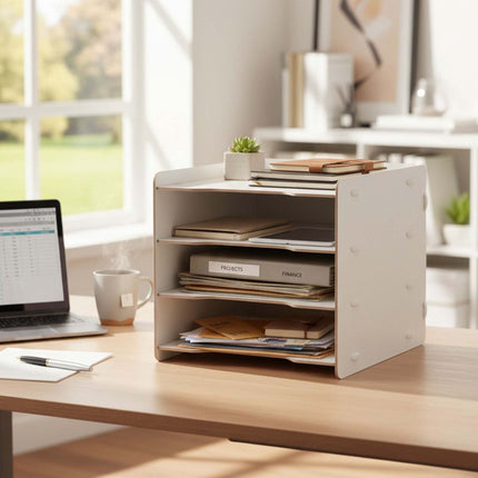 4-Compartment MDF File Tray, Dark Brown Wood-Effect