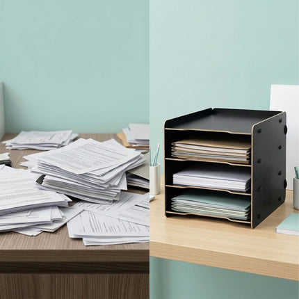 4-Compartment MDF File Tray, Dark Brown Wood-Effect
