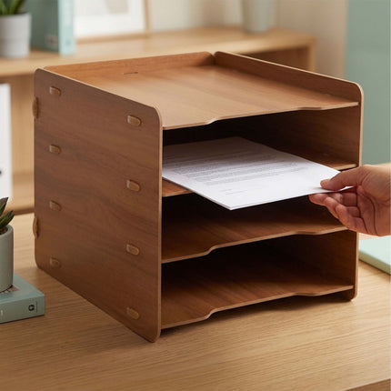 4-Compartment MDF File Tray – Wood-Effect, Black
