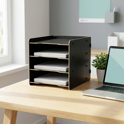 4-Compartment MDF File Tray – Wood-Effect, Black