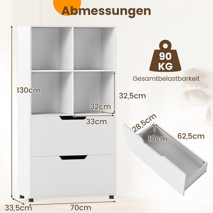 4-Fächer-Bücherregal mit 2 Schubladen, 130 cm, Weiß