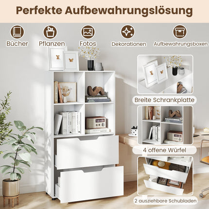 4-Fächer-Bücherregal mit 2 Schubladen, 130 cm, Weiß