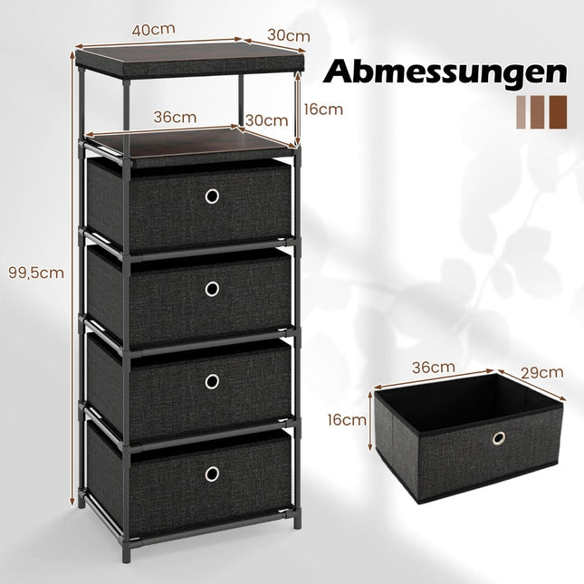 Kommode aus Stoff mit 4 Schubladen, Holzplatte und Ablage
