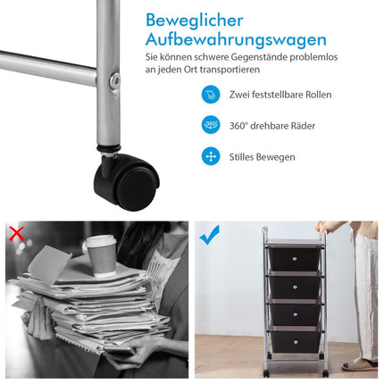 Rollwagen mit 4 Schubladen und Metallrahmen, Schwarz