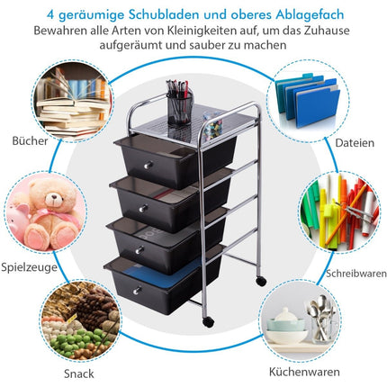 Rollwagen mit 4 Schubladen und Metallrahmen, Schwarz