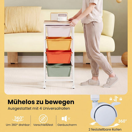 4-Drawer Rolling Storage Cart with Wooden Top and Lockable Wheels