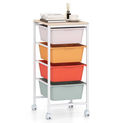 4-Drawer Rolling Storage Cart with Wooden Top and Lockable Wheels