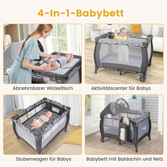 4 IN 1 Babybett tragbares Beistellbett Reisebett mit faltbarer Matratze &amp; Wickelkommode Hellgrau