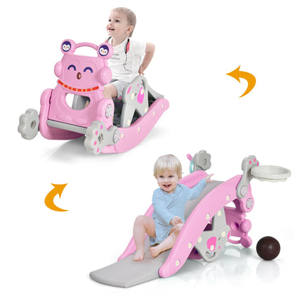 4-in-1 Schaukelpferd-Rutsch-Set, Rosa, Basketballkorb