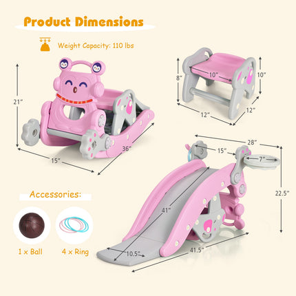 4-in-1 Schaukelpferd-Rutsch-Set, Rosa, Basketballkorb