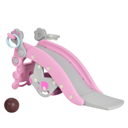 4-in-1 Schaukelpferd-Rutsch-Set, Rosa, Basketballkorb