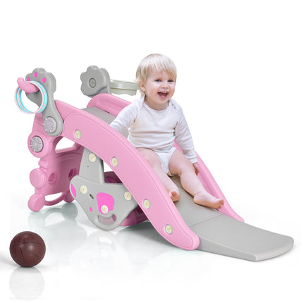 4-in-1 Schaukelpferd-Rutsch-Set, Rosa, Basketballkorb