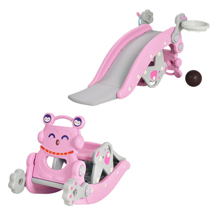 4-in-1 Schaukelpferd-Rutsch-Set, Rosa, Basketballkorb