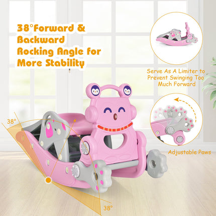 4-in-1 Schaukelpferd-Rutsch-Set, Rosa, Basketballkorb