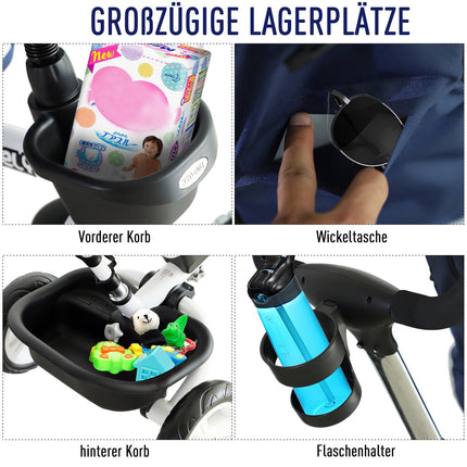 Blaues 4-in-1-Dreirad für Kinder mit Sicherheitsgurt und Verdeck