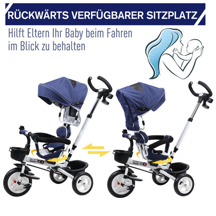 Blaues 4-in-1-Dreirad für Kinder mit Sicherheitsgurt und Verdeck