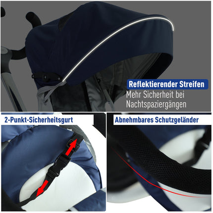 Blaues 4-in-1-Dreirad für Kinder mit Sicherheitsgurt und Verdeck