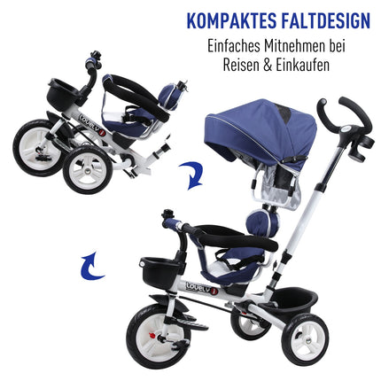 Blaues 4-in-1-Dreirad für Kinder mit Sicherheitsgurt und Verdeck