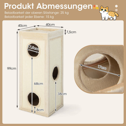 4-Level Cat Tower with 3 Hideouts & Cushions, Natural