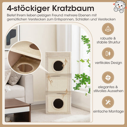 4-Level Cat Tower with 3 Hideouts & Cushions, Natural