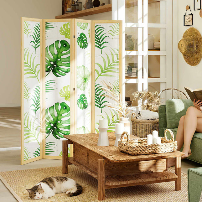 4-teiliger Paravent, Boho Palmen-Design, Grün