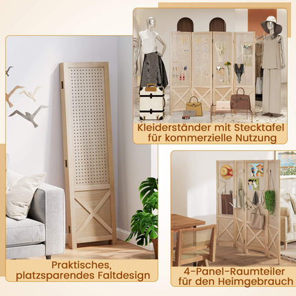 4-teiliger Paravent mit Lochplatte, Naturholz