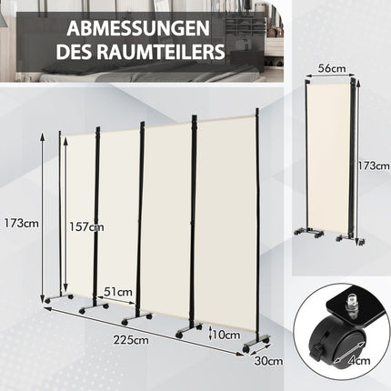 4-Panel Room Divider with Wheels, 173 cm High, Beige