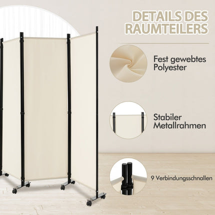 4-Panel Room Divider with Wheels, 173 cm High, Beige