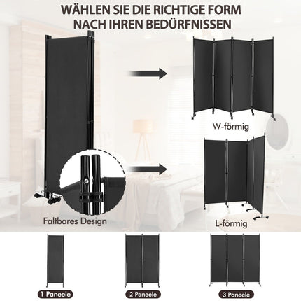 4-Panel Room Divider with Wheels, 225x173 cm, Gray
