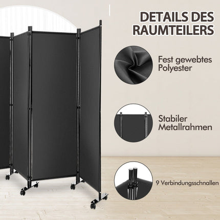 4-Panel Room Divider with Wheels, 225x173 cm, Gray