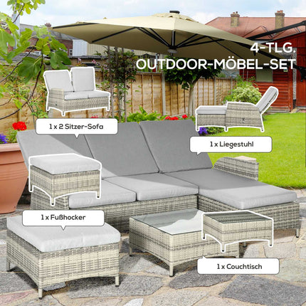 4-teilige Rattan-Gartenmöbel, wetterfest, abnehmbare Bezüge