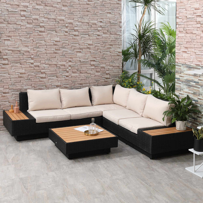 4-teiliges Lounge-Set aus schwarzem Polyrattan mit Kissen