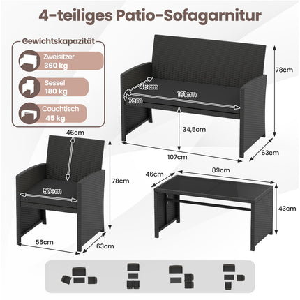 4-Piece Black Rattan Garden Sofa Set with Glass Table
