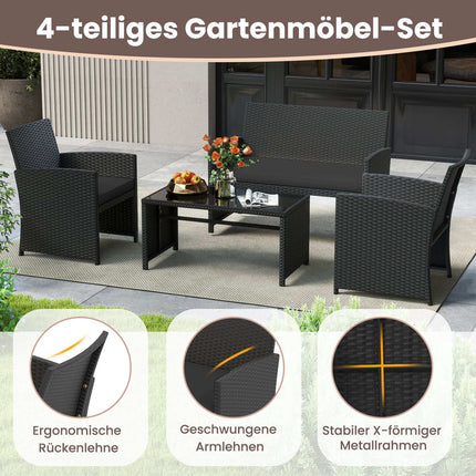 4-Piece Black Rattan Garden Sofa Set with Glass Table