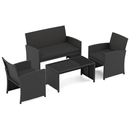 4-Piece Black Rattan Garden Sofa Set with Glass Table