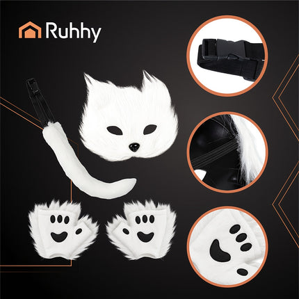 4-Piece Cat/Fox Costume Set, White, Adjustable Tail