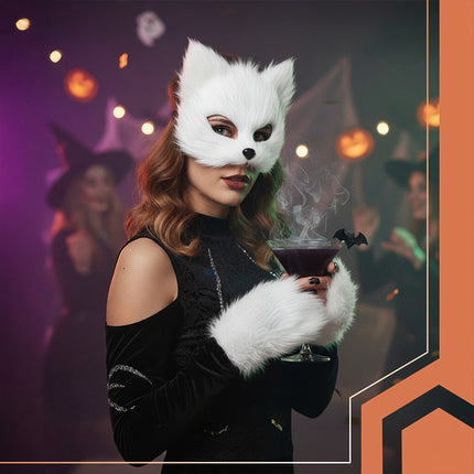 4-Piece Cat/Fox Costume Set, White, Adjustable Tail