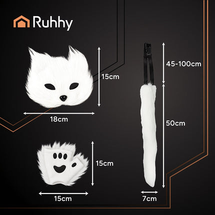 4-Piece Cat/Fox Costume Set, White, Adjustable Tail