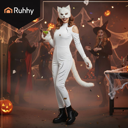 4-Piece Cat/Fox Costume Set, White, Adjustable Tail