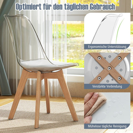 4-Piece Clear Dining Chairs Set with Solid Wood Legs