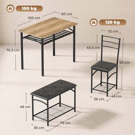 4-Piece Dining Set, Industrial Table with Chairs & Bench
