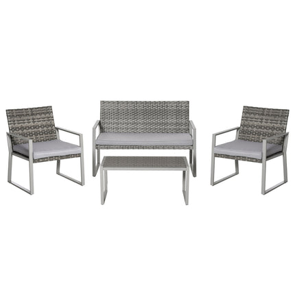 Patio in 4 parts, sofa and cushions, steel and rattan